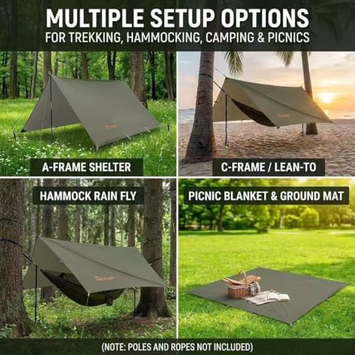 GOLDCAMP Bushcraft Emergency Camping Tarp，70D Nylon 10X13.2FT Hammock Rain Fly ，UV 50+ and PU15000mm Tent Tarp Shelter Canopy，Heavy Duty Multifunctional Sun Shade Essentials for Hiking (10X13.2ft) - size: 10X13.2FT