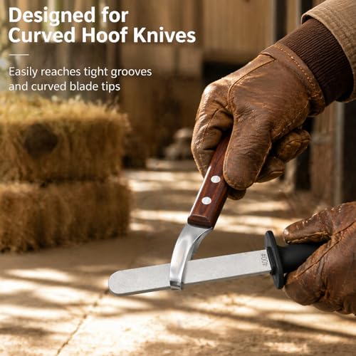 ZENFUN Hoof Knife with Sharpener, Double Edged Hoof Trimming Knife with Wooden Handle & 400/1000 Diamond Grit Rod, 8 Inch Farrier Tool Kit, Stainless Steel Blade Hoof Knife for Horses, Cattle Care