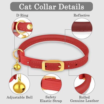 OOPSDOGGY Rolled Leather Cat Collar with Bell - Reflective Kitten Collar with Safety Elastic Strap - Adjustable Small Pet Collars for Boy Girl Cats (Red) - color: Red