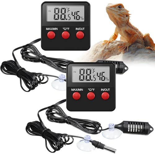 Weewooday 2 Pcs Digital Reptile Thermometer Hygrometer Gauge with Probes | Terrarium Habitat Monitoring Display, Indoor Outdoor Use, Max Min Memory, Probe Sensor, Reptile Pet Care Greenhouse Garden