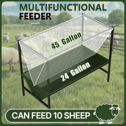 Goat Hay Feeder 45 Gallon, Heavy Duty Hay and Grain Feeder with 24 Gallon Feed Tray for Goats, Horses, Calves and Livestock, Durable Farm Feeder