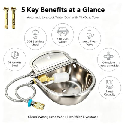 304 Stainless Steel Automatic Livestock Water Bowl, 9.84x9.84x3.94in Large Capacity Water Trough for Cows Horses Goats, Auto Float Waterer with Liftable Cover & Complete Installation Kit