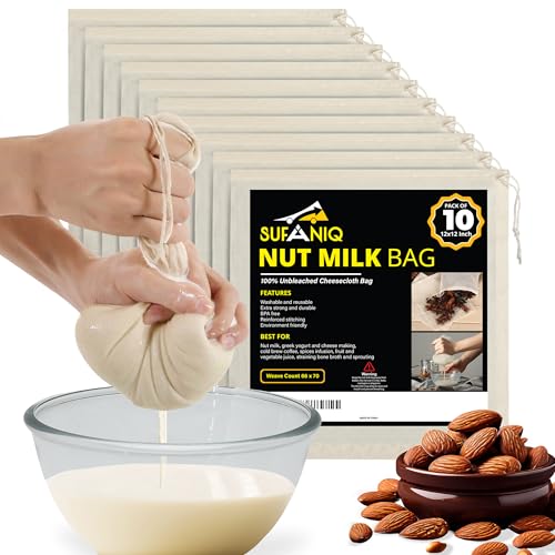 SUFANIQ Nut Milk Bag - 10 Bags (12 x 12 Inch) 100% Unbleached Cotton Cheese Cloth Bag for Straining, Premium Nut Milk Bag Reusable, Nut Bag Strainer for Almond, Soy, Oat Milk, Juices, Cheese Making - size: 12x12 / 10 pieces
