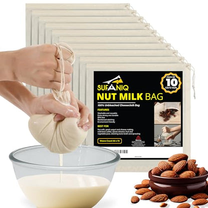 SUFANIQ Nut Milk Bag - 10 Bags (12 x 12 Inch) 100% Unbleached Cotton Cheese Cloth Bag for Straining, Premium Nut Milk Bag Reusable, Nut Bag Strainer for Almond, Soy, Oat Milk, Juices, Cheese Making - size: 12x12 / 10 pieces
