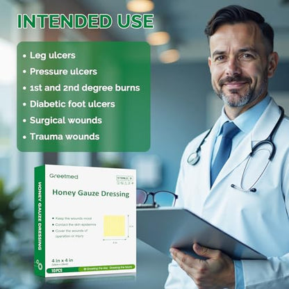 Greetmed Honey Gauze Wound Dressing 4" x 4" Medical Grade Manuka Honey Wound Care Pads Honey Bandages for 1st & 2nd-Degree Burns, Abrasions, Cuts and Scalds (Individually Pack of 10) - size: 4“ x 4”(10 Packs)