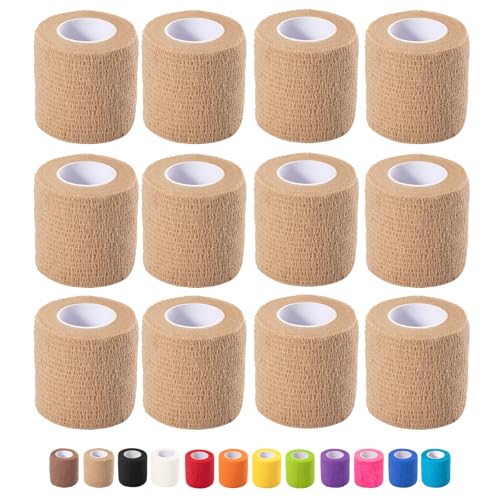 12 Pack Self Adhesive Bandage Wrap, 2 in x 5 Yards Vet Wrap Tape, Skin | Non-Woven Self Adherent Cohesive Bandage for Thumb, Finger, Wrist, Knee, Ankle - color: Skin