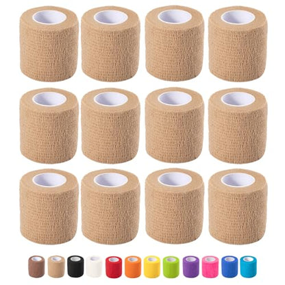 12 Pack Self Adhesive Bandage Wrap, 2 in x 5 Yards Vet Wrap Tape, Skin | Non-Woven Self Adherent Cohesive Bandage for Thumb, Finger, Wrist, Knee, Ankle - color: Skin