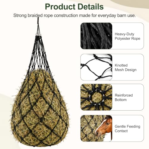 Hay Bags for Horses, 40 Inch Slow Feed Hay Nets for Horses 2 Pack, 2" Small Holes Polyester Rope Hay Net with Large Opening and Drawstring Closure for Goats Sheep Cattle, Stall Trailer Pasture