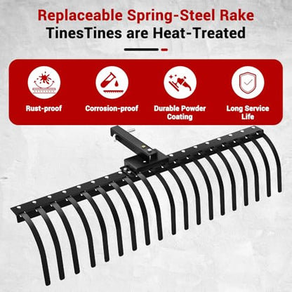 55 Inch Tow Behind Landscape Rake, Black Durable Tractor Rake with 2 Inch Receiver Fit for Lawn Tractor ATV UTV, All Steel Anti-Rust Yard Rake for Pine Needles Leaves Grass Cleanup (55 Inch) - size: 55 Inch