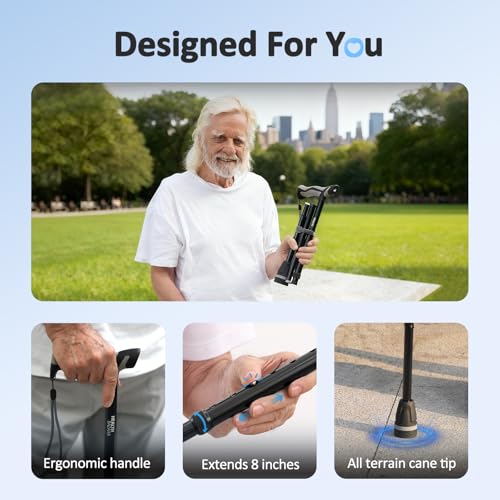 HEALTHBAZAAR Walking Cane with LED Light, Folding Canes for Men & Women with Shock Absorption - Adjustable, Lightweight Collapsible Walking Sticks with Comfort Grip Handle, Heavy Duty All Terrain Tip