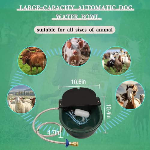 Automatic Water Dispenser for Dogs with Drain Hole & Drain Valve, 1 Gallon Auto Dog Water Bowl Outdoor with Float Valve, Hose Quick Connect Fitting, for Livestock, Chicken, Horse (Green)