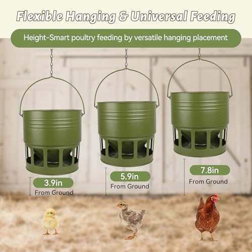 KOL Hanging Chicken Feeder 20lbs Metal Chicken Feeder No Waste, Adjustable Poultry Feeder with 12 Ports, No Installation & Universal Height Design (Green) - color: Green