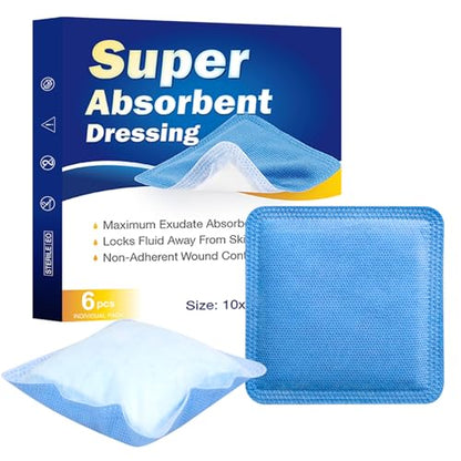 Super Absorbent Dressing Non-Adhesive Wound Pads 4'' x 4'' Ultra Absorbent Bandage for Wound Care Drainage Pressure Ulcers 6 Pack