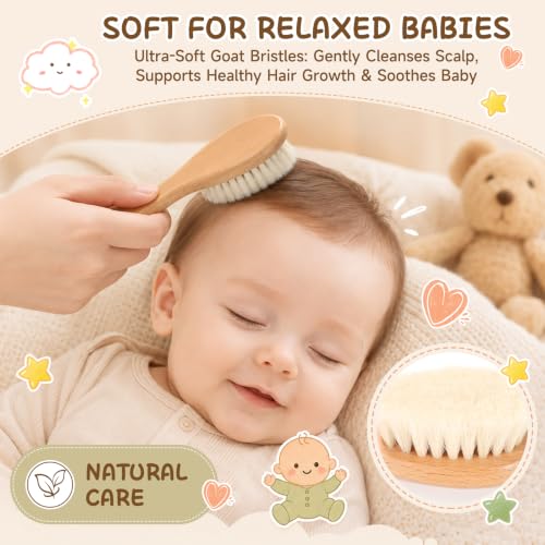 GREENTH PRO Baby Hair Bush and Comb Set -Nature Lotus Wood with Soft Goat Bristle and Pear Wood Comb for Newborns & Toddlers, Ideal for Cradle Cap