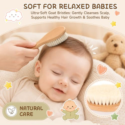 GREENTH PRO Baby Hair Bush and Comb Set -Nature Lotus Wood with Soft Goat Bristle and Pear Wood Comb for Newborns & Toddlers, Ideal for Cradle Cap