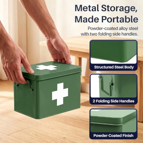 Flexzion Large Metal First Aid Box Empty, 8.5-Inch, Green with White Cross - color: Green, size: 8.5 Inch without Latch Lock