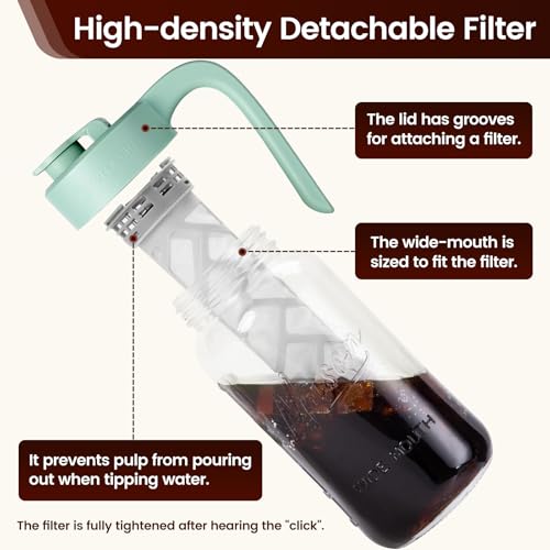Cold Brew Coffee Maker Glass, 64 oz Mason Jar Pitcher | Airtight, Leakproof, Fridge Safe, Dishwasher Safety, Ergonomic Handle, Pour Spout Lid, for Iced Coffee, Lemonade, Ice Tea - color: Green, size: 64 Ounces