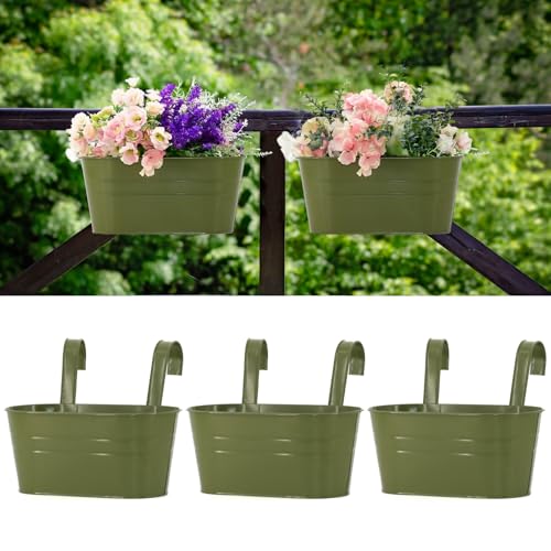 3 Pack Metal Railing Planters, 10.5" Oval Hanging Flower Pots with Detachable Hooks & Drainage Holes, Fits Rails up to 2.36", Galvanized Iron Fence Bucket for Balcony Garden Patio - Green - color: Green, size: 3 Pack, 10.5"L x 5.7"W x 4.7"H