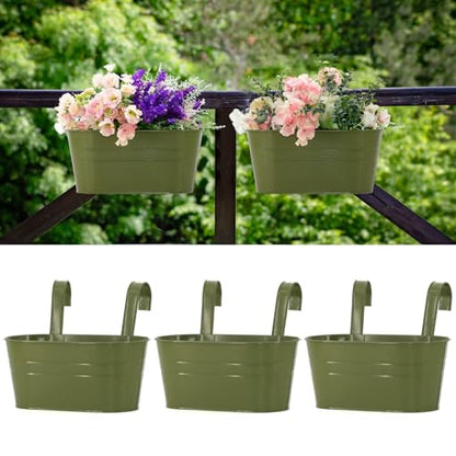 3 Pack Metal Railing Planters, 10.5" Oval Hanging Flower Pots with Detachable Hooks & Drainage Holes, Fits Rails up to 2.36", Galvanized Iron Fence Bucket for Balcony Garden Patio - Green - color: Green, size: 3 Pack, 10.5"L x 5.7"W x 4.7"H