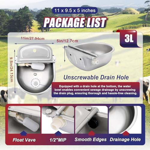 NYXOVA Automatic Animal Drinking Water Bowl, 304 Stainless Steel Livestock Waterer with Float Valve for Horse, Cattle, Goat, Sheep, Pig and Dog（with Drainage Hole）