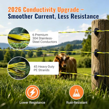 Upgraded Electric Fence Wire 3366FT, 1/8" Electric Fence Polywire for Portable Livestock Fencing,6 Stainless Steel Strands for Reliable Conductivity and Corrosion Resistant - size: 3366FT