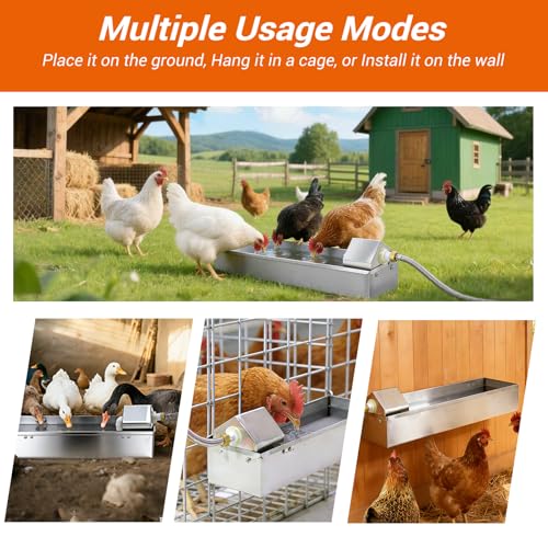 Automatic Chicken Waterer Dispenser 1 Gallon Large Stainless Metal Poultry Waterer Feeder Hanging Chicken Watering System with Float Valve Hose Kit for Pigeon Duck Goose Turkeys for Chicken Coop