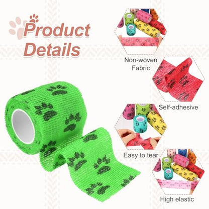 Pet Wrap Bandages, 2 Inch 5 Yard Self Adhesive Bandage Wrap, Pet Non-Woven Tape First Aid Cohesive Gauze, (Emerald Green/Paw, 2 Pcs), Intended for Dog/Cat/Bird/Legs/Paws/Wound - color: Emerald Green, size: 2 inch