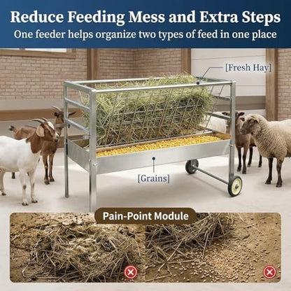 Galvanized Steel Feeder, 2 in 1 Livestock Feeder for Goats Sheep Lambs, Mobile Livestock Feeder with Built-in Wheels