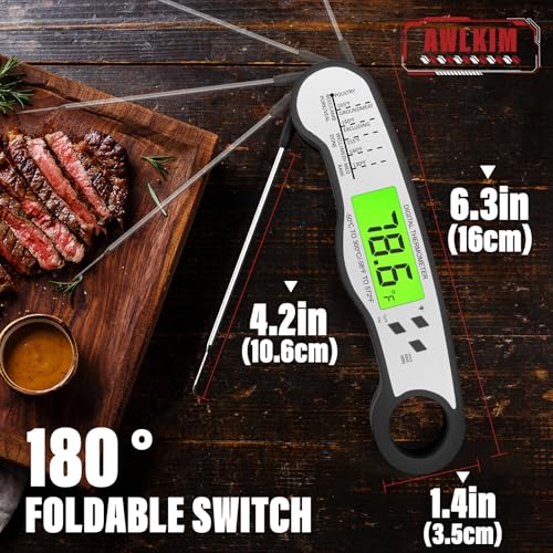 AWLKIM Meat Thermometer Digital, Instant Read Food Thermometer, Black | Waterproof cooking thermometer with doneness chart, backlight, F/C switch for BBQ, candy, oil - color: Black
