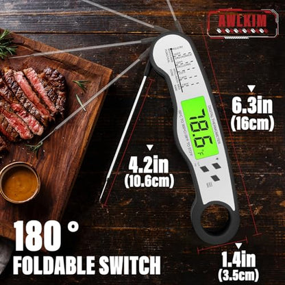 AWLKIM Meat Thermometer Digital, Instant Read Food Thermometer, Black | Waterproof cooking thermometer with doneness chart, backlight, F/C switch for BBQ, candy, oil - color: Black