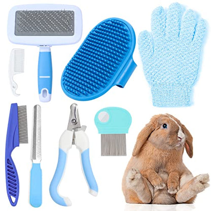 VCZONE Small Animal Grooming Set: Pet Nail Clipper & File, Flea Comb, Shampoo Brush, Shedding Slicker Brush, Massage Glove, Cleaning Comb (Blue) - color: Blue