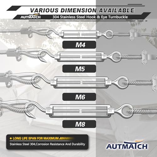 AUTMATCH M5 Hook & Eye Turnbuckle - 304 Stainless Steel Wire Rope Tensioner | Adjustable Turnbuckle for Cable Railing, Fence & Shade Sail Hardware, Wire Rope Tension Kit, 6-Pack, Silver - color: Silver Tone - Hook & Eye, size: M5