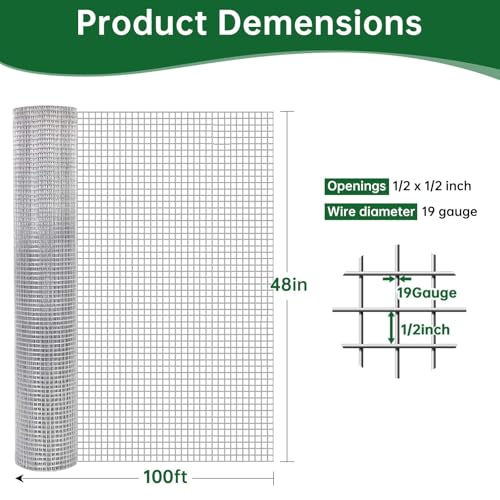 AMAGABELI GARDEN & HOME Hardware Cloth 1/2 Inch 48 x 100 ft 19 Gauge Chicken Wire Fence Weld Wire Fence Mesh Roll Garden Fencing Border Plant Support Poultry Netting Snake Fence Gopher Wire