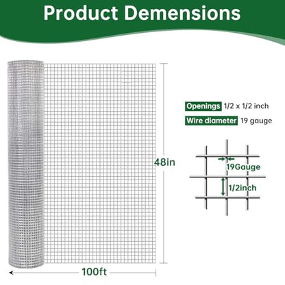 AMAGABELI GARDEN & HOME Hardware Cloth 1/2 Inch 48 x 100 ft 19 Gauge Chicken Wire Fence Weld Wire Fence Mesh Roll Garden Fencing Border Plant Support Poultry Netting Snake Fence Gopher Wire