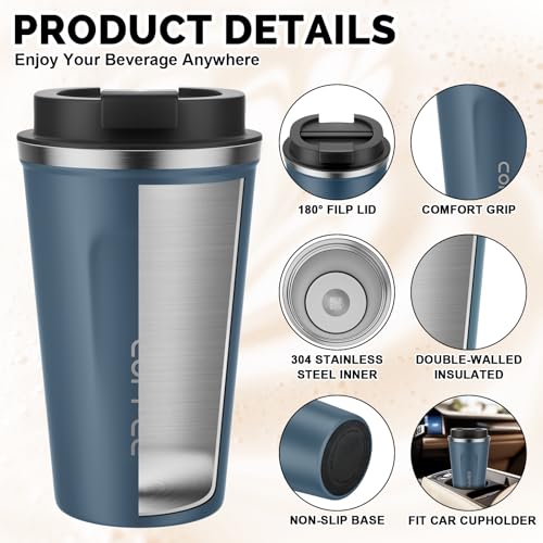 MOMSIV 17oz Travel Coffee Mug, Insulated Coffee Cup with Leakproof Lid - color: A-Silver Blue-17oz