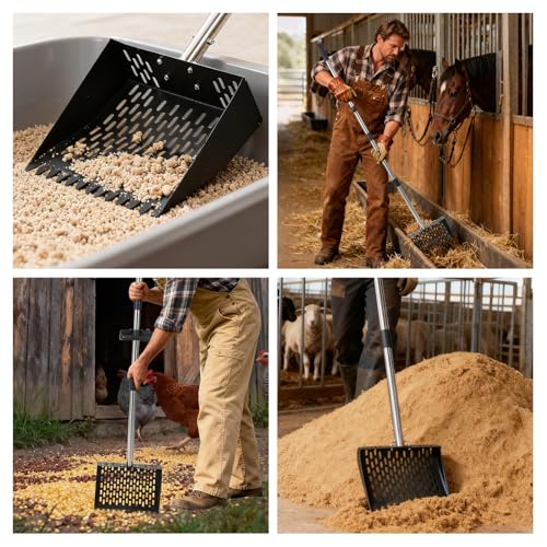 Garvee 9.8'' Chicken Poop Scooper and Rake, 2-in-1 Metal Chicken Coop Scoop with 24'' to 68.9'' Adjustable Stainless Steel Handle, Multifunctional Sifting Shovel for Coops and Small Farm Animals