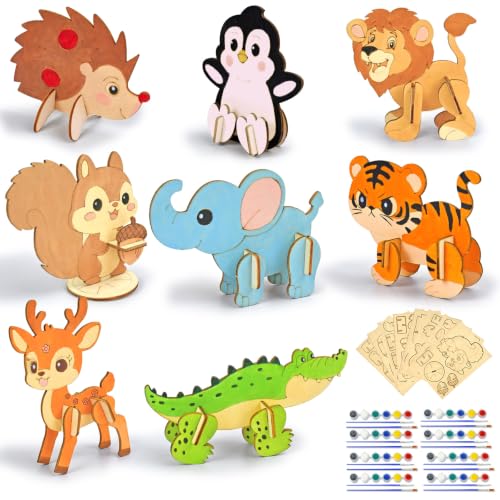 Vileafy 8 Pack Wooden Animal Painting Crafts for Kids Ages 4-8 | 8 Individual Party Favor with Paints & Brushes, DIY Build & Paint Arts and Crafts for Classroom, Birthday, Rainy Day Activity