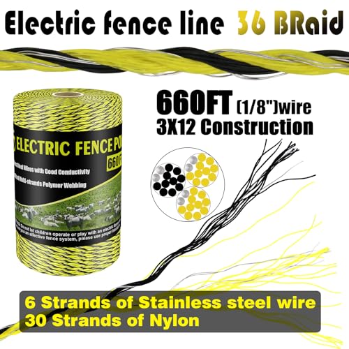 Electric Fence Poly Wire 660 Feet 200 Meters 1/8" Dia Portable Electric Fencing Polywires and 100 Pcs Black Electric Fence Insulator (Grid System Accessories for Animal Husbandry Electronic)