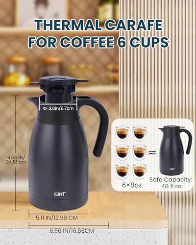 GiNT 51Oz Stainless Steel Thermal Coffee Carafe with Lid/Double Walled Vacuum Thermal Carafe / 12 Hour Heat Retention (Black, 1.5L) - color: Black, size: 50.7 Ounces