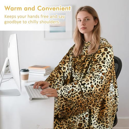 Catalonia Wearable Blanket with Sleeves for Women & Men, Fleece Wrap Throw - color: Cheetah