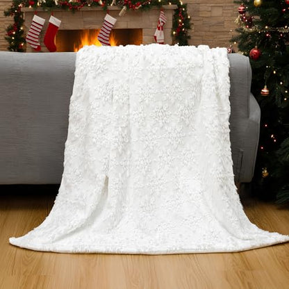 Tudomro 50x60 Winter Throw Blanket White Snowflake 3D Textured Embroidered Winter Holiday Blanket Plush Fuzzy Faux Fur, Neutral Farmhouse & Modern Home Decor for Sofa Couch Bed - style: Snowflawer White