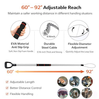 Animal Catch Pole Control Tool – 60"-92" Adjustable Noose Pole Animal Control Kit for Dogs, Feral Cats & Medium Wildlife Handling with Safety Accessories