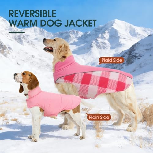 Kuoser Dog Winter Coat, Reversible Waterproof Dog Jacket with Reflective Strip, Warm Dogs Fleece Vest Adjustable Doggy Cold Weather Clothes Plaid Christmas Outfit Pet Apparel for Large Dogs, Pink 2XL - color: Pink, size: XX-Large (Chest Girth: 29.9-35.4''