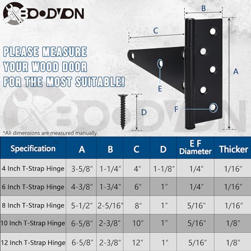 8 Inch T-Strap Gate Hinges, Shed Barn Door Hinges Heavy Duty, Black Tee Hinges for Wooden Fences, Yard Gate, Wrought Hardware Iron Rustproof (2Pack/Set) - size: 8 Inch