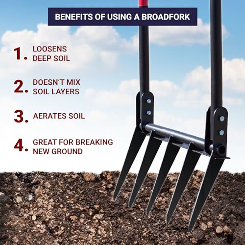 Bully Tools 5-Tine Broadfork, Fiberglass Handles, 56" 10-Gauge Steel Fork | Heavy Duty Broad Fork for Tilling, Aerating and Turning Soil, Useful for Garden Beds and Pavers Base Prep, 100% Made in USA