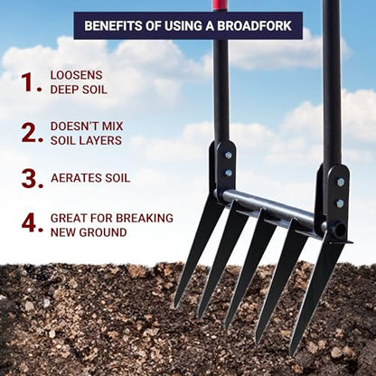 Bully Tools 5-Tine Broadfork, Fiberglass Handles, 56" 10-Gauge Steel Fork | Heavy Duty Broad Fork for Tilling, Aerating and Turning Soil, Useful for Garden Beds and Pavers Base Prep, 100% Made in USA