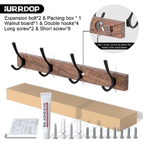 17 Inch Walnut Wood Wall Mounted Coat Rack with 4 Black Double Hooks, Adhesive Mounted Entryway Hooks, Modern Natural Wooden Pegs for Hanging Coat Clothes Hat Bag Purse Key and Towel - color: Coat Rack with 4 Black Hooks