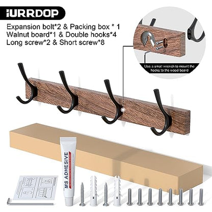 17 Inch Walnut Wood Wall Mounted Coat Rack with 4 Black Double Hooks, Adhesive Mounted Entryway Hooks, Modern Natural Wooden Pegs for Hanging Coat Clothes Hat Bag Purse Key and Towel - color: Coat Rack with 4 Black Hooks