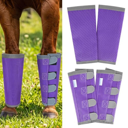 Fly Boots for Horses Set of 4 with Reflective Vercros, Loose Fitting Mesh Horse Fly Boots Leggings, Adjustable Equine Leg Wraps & Socks, Stay Up Not Sag, No Rub - color: Purple