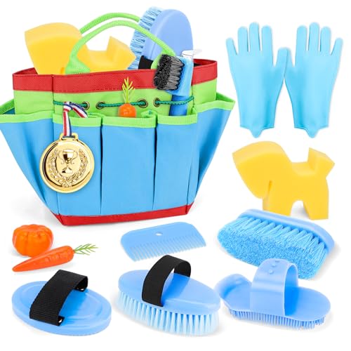 deAO Horse Grooming Brush Kit 12Pcs Horse Tack with Tote Bag,Care Tool,Blue - color: Blue